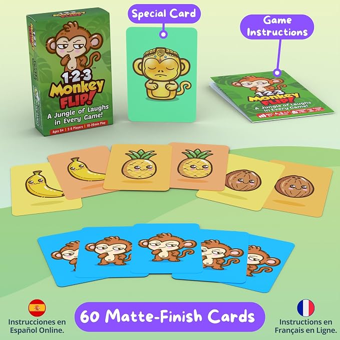 KAWAII LAB GAMES 1-2-3 Monkey Flip Family Card Game for Kids, Teens & Adults | Quick & Easy Party Card Game for Game Night | Fast Slap-and-Reaction Gameplay | Ages 6+ | 2-6 Players | 10-20 Min