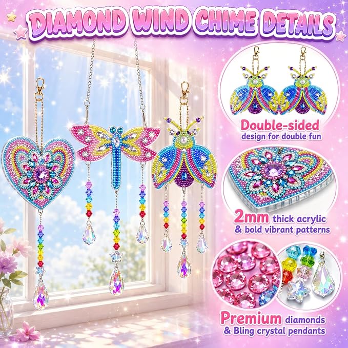 Diamond Art Kits for Kids Ages 8-12, 3PCS DIY Diamond Art Painting, DIY Sun Catcher Wind Chimes for Home/Garden/Classroom Decor, Creative Gem Painting Gifts for 8 9 10 11 12 Year Old Girls Teen Adults