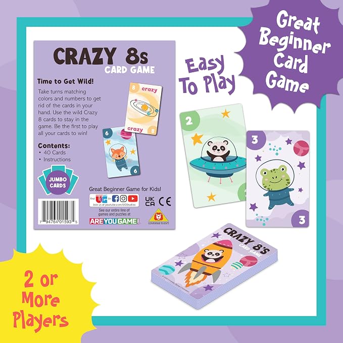 University Games Crazy 8s Card Game - Jumbo Size, Colorful Animal Cards for Kids Ages 4 and Up, Fun Family and Educational Game