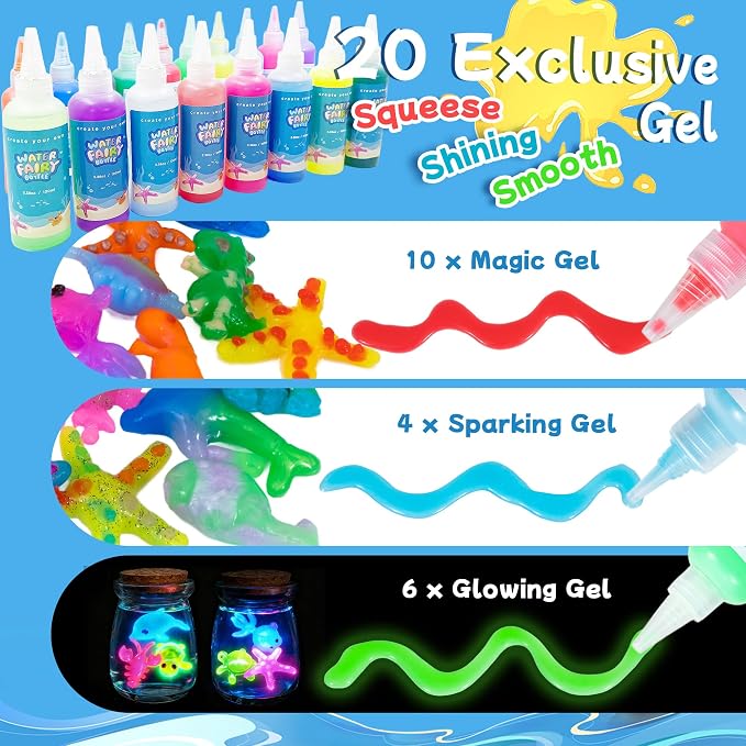 116PCS Magic Glow-in-The-Dark Gel Water Fairy Toy, Aqua DIY Elf Set with 18 Shape Molds, 100ml Gels, Water Squishy Kit, Make 150+ Water Animals,Christmas Birthday Gift, Arts Crafts STEM Kit for Kid