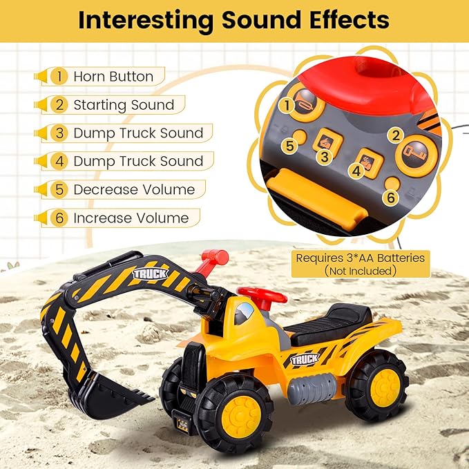 Costzon Ride on Excavator, Kids Excavator Digger Bulldozer W/Safety Helmet, 3 Rocks, Horn, Under-seat Storage, Construction Vehicles for Kids, Ride on Toys for Boys Girls Toddlers