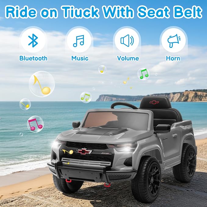 Winado Licensed Chevrolet Colorado Electric Car for Kids, 12V Ride on Toys for Toddlers with Remote Control, Battery Powered Electric Car Ride On Vehicle w/Bluetooth, Soft Start, LED Lights - Gray