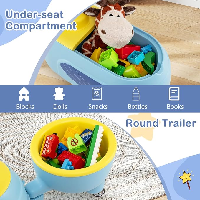 HONEY JOY Ride On Push Car with Trailer, Indoor Outdoor Toddler Riding Toys w/Under-seat Storage, LED Light, Music, Foot-to-Floor Sliding Car, No Battery Baby Ride On Toys for Boys and Girls (Blue)