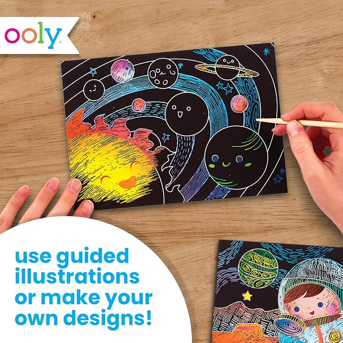 Ooly Scratch & Scribble Travel Crafts for Kids – 1pc Art Kit, Portable Car & Airplane Activity, 8 Scratch Cards + Wooden Stylus + Stickers, Ages 6+ – Space Explorers