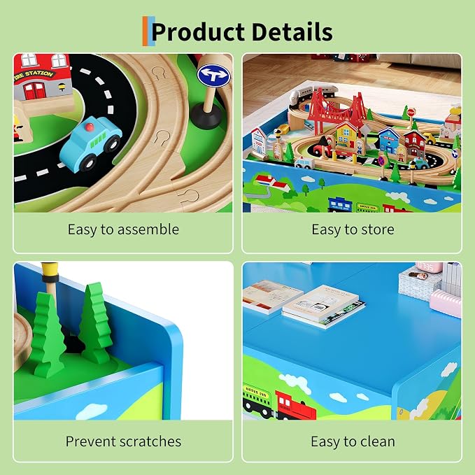 Garvee 78 Piece 4-in-1 Wooden Train Table for Kids - Multipurpose Activity Play Set with Reversible Top, Tracks & Built-in Storage, Natural Wood
