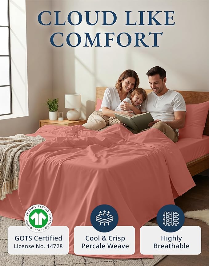 LANE LINEN Full Sheet Set 100% Organic Cotton 4pc Percale Soft - Rose Dawn | Full Sheets In Organic Cotton Percale - Crisp Cool Percale Weave, Great For Gifting, Easy-Care Machine Washable