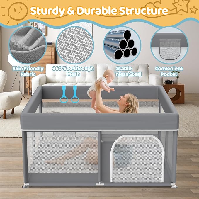 Grey Baby Playpen 64"x64" - with 2 Pull Up Rings Full Cover Anti-Collision Large Playard for Babies and Toddlers Dark Gray Pack n Play Alternative Safety Play Yard Infant Activity Center