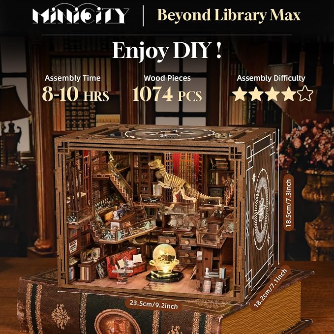 CCCDF DIY Book Nook Library Kit, Miniature Dollhouse Booknook Kit, 3D Wooden Puzzle Bookend Bookshelf with LED Light for Teens and Adults (Beyond Library Max)