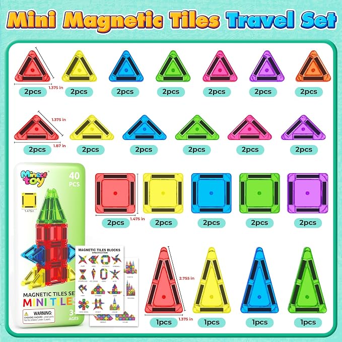 40PCS Mini Magnetic Tiles Toddler Travel Essentials Toys with Case Set, Magnetic Building Blocks Kids Games, Montessori Preschool Education Sensory Toys for 3 4 5 Year Old Boys Girls Birthday Gifts