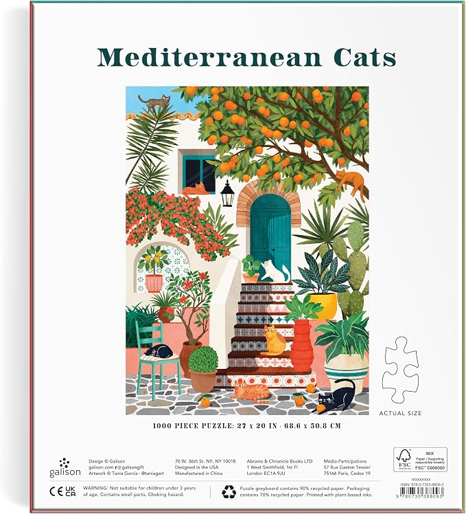 Galison Mediterranean Cats – 1000 Piece Jigsaw Puzzle Featuring Beautiful Artwork of A Citrus Inspired Stoop with Cats