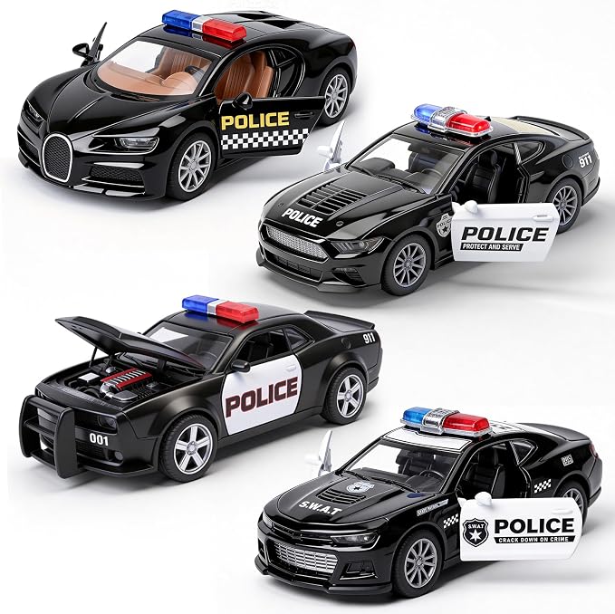 1/36 Metal Diecast Police Car Toy Set,4 Pack Police Pull Back Toy Cars with 3 Opening Doors & 1 Hood Model Boys Cars Toy for Kids Ages 3 4 5 6 7 8 9 10 11 12 Years Old