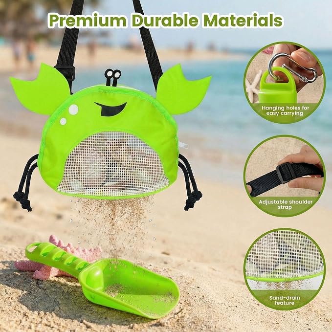 AMOR PRESENT Mesh Baby Beach Bag, Shell Collecting Bag with Shovel Crab-Shaped Adjustable Strap for Holding Shell Sea Pool Sand Toy, Green