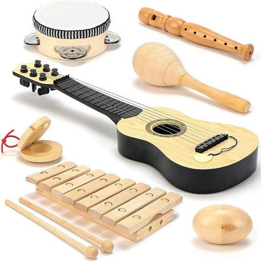 Wooden Musical Instruments for Toddlers – 7-Piece Kids Music Set with Xylophone, Guitar & Percussion | Natural Wood, Non-Toxic | Ages 3+