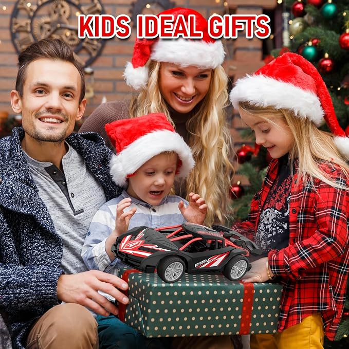 1/18 RC Car for Kids with Rechargeable Battery, LED Lights & Spray - Remote Control Car for Boys, Small RC Drift Cars for Ages 4-7 8-12(Black & Red)