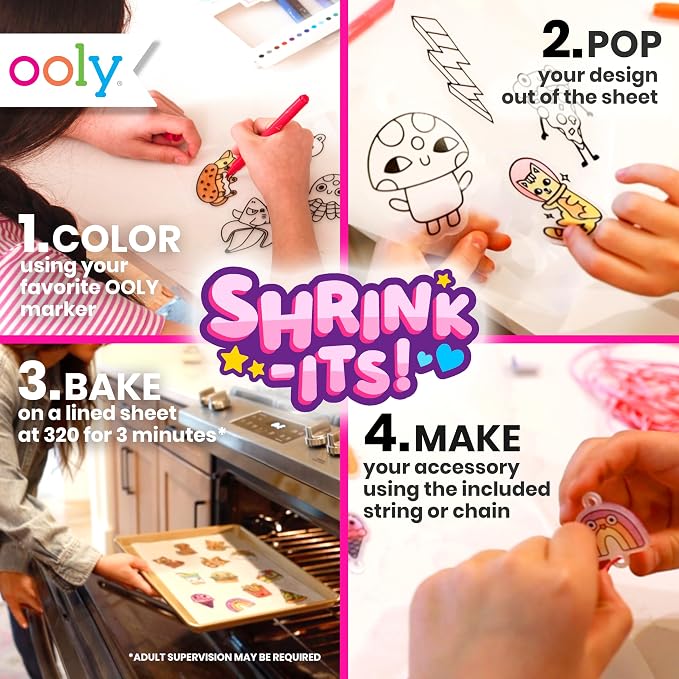 Ooly 24 PC DIY Shrinking Art Kit for Kids, 20 Plastic Pre Cut Charms and More, No Mess Creative Activity Bracelet Making Kit - BFF