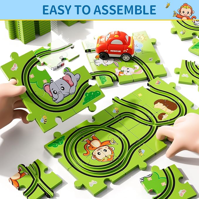32-Piece Puzzle Race Car Track Set for Toddlers 1-3 | Animal-Themed Tracks, Cars & Road Signs | Puzzle Car Tracks Toddler Toy Gifts for 2 3 4 5 6 Year Old Boys & Girls