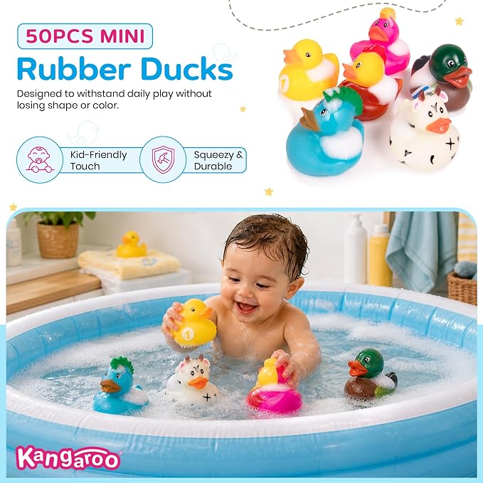Kangaroo 50 Pcs Mini Rubber Ducks Bulk Jeep Ducks for Ducking– Floating Baby Bath Toys for Kids & Toddlers, Small Duckies for Pool Parties, Summer Party Favors Bulk, Baby Showers