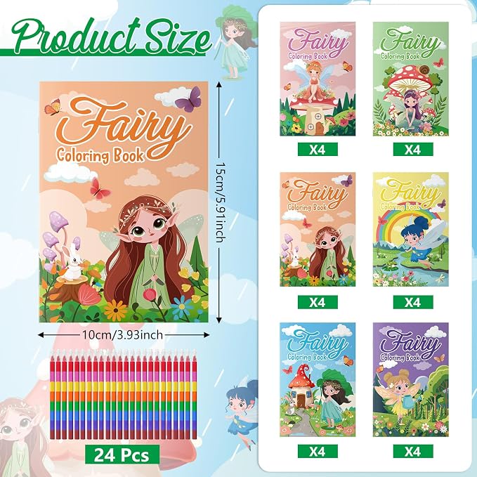 Cinrobiye 24 Set Fairy Coloring Books Bulk with Coloring Accessories, Fairy Garden Art Activity Set for Spring Gatherings, Creative Projects, Birthday Events and Themed Celebrations