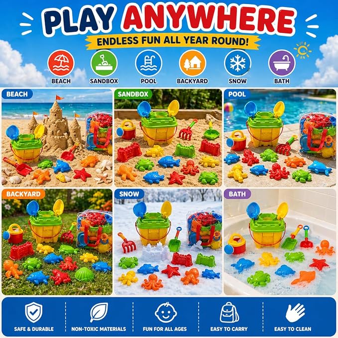 Beach Toys & Sand Toys for Kids Toddlers and Ages 4-12 — 23 Piece Sandbox Toys Set with Reusable Storage Bag, Sand Castle Building Kit, Animal Molds, Shovels, Rake, Sifter & Watering Can