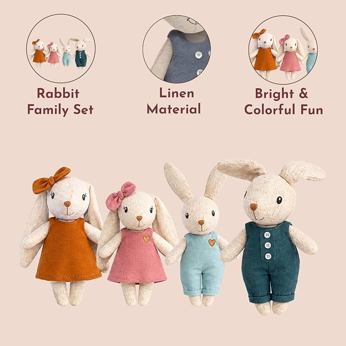 SPEEDY MONKEY Rabbit Family Set – Miniature Bunny Figures with Parents & 2 Baby Rabbits – Pretend Play Doll House Family for Kids, Toddlers, Girls – Cute Dollhouse Decor Toy
