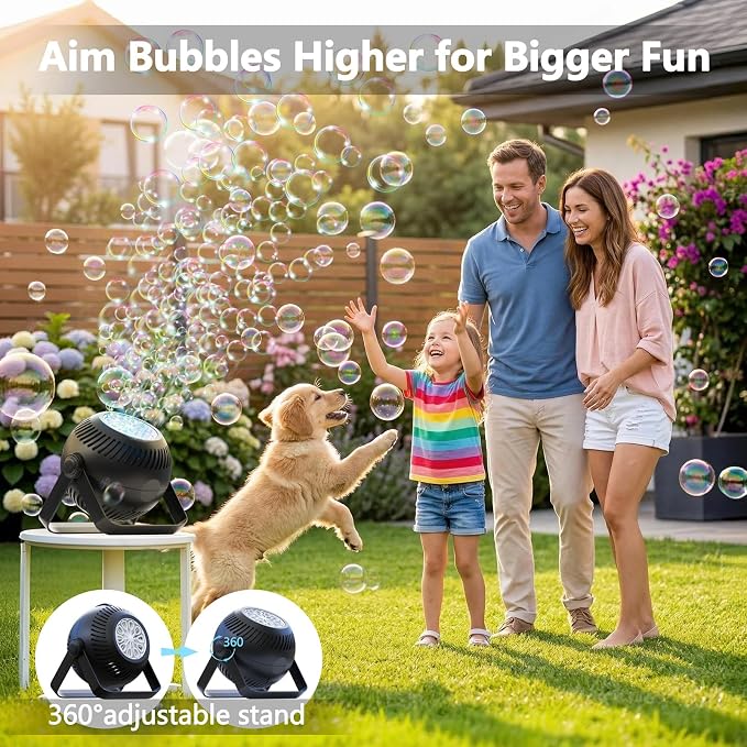 2026 Bubble Machine, 20000+ Bubbles Rechargeable Bubble Maker, Automatic Bubble Blower with Lights & 360° Adjustable Angle, Outdoor Bubble Toys Gifts for Kids, Birthday Parties, Backyard, Wedding
