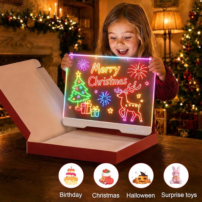 HASSKY Rechargeable LED Drawing Board, 7 Colors 4 Light Modes Glow Doodle Pad, Dry Erase Light Up Note Board with Built-in Stand, 6H Battery Life Art Kit for Kids Girls Boys Birthday Gifts
