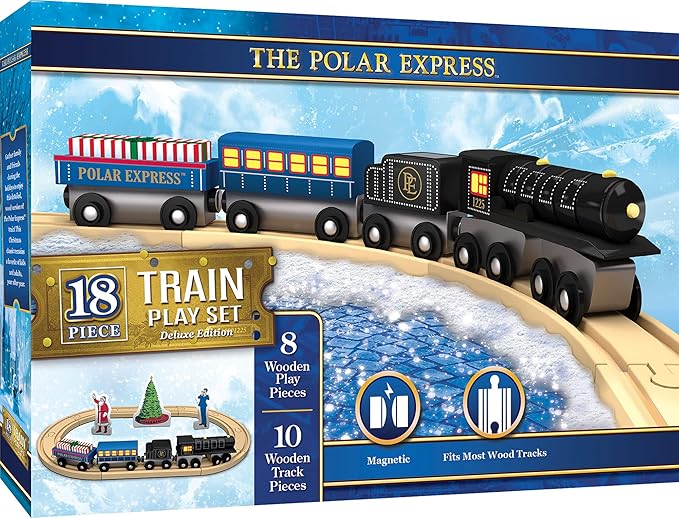 MasterPieces Polar Express Train Set, Wooden 18 Piece Deluxe Edition with Magnetic Cars and Track, Official Holiday Play Collection, Compatible with 1 Inch Train Systems, Polar Express Toys for Kids