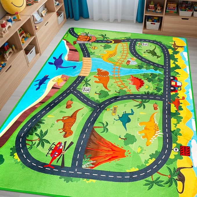 Car Rug Play Mat,4'11" x 6'7" Dinosaur Park Road Car Mat for Kids,Non-Slip Dino Car Track Rugs for Kids Toy Cars,Educational Kid Road Playmat Rug for Playroom Bedroom Kid Room(for Age 2+)