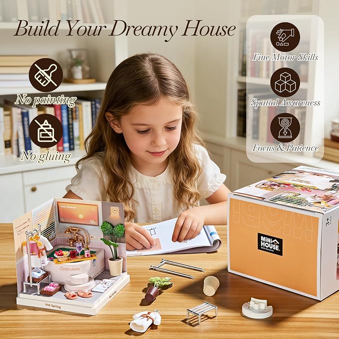 Miniature Hot Spring Spa DIY Bathroom Kit with Acrylic Display Case – Relaxing Bath Dollhouse Room Craft Set, Tool-Free Mini House for Teens, Adults & Beginners