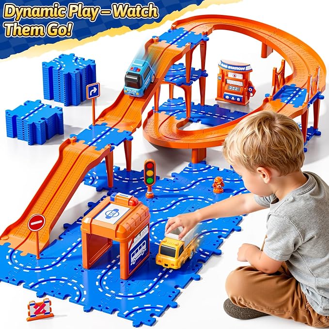 Toddler Puzzle Race Cars Track Toys for Kids Age 3-5 2-4 Years, 59PCS Puzzles Car Track Set Includes 2 Cars and Road Signs, Educational Birthday Gifts for Kids, Boys and Girls