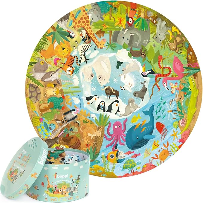 boppi Round 150 Piece Jigsaw for Kids Aged 5-8 | Educational Animals Around the World Puzzle with Continents & Animal Habitats | Eco-Friendly Recycled Cardboard