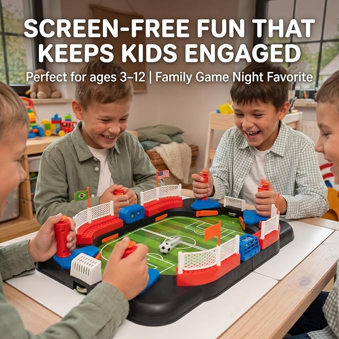Soccer Toy for Kids - Table Top Foosball Game for 3 4 5 6 7 8-12 Year Old Kids - Interactive Soccer Gift - Mini Football Table Game with Goal Bell, Score Counter & 6 Balls - Easy Set-up Gift
