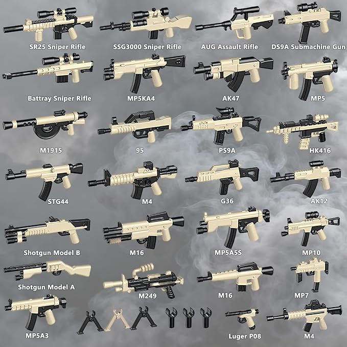 Military Weapons Pack, Military Toy Gun Set for Classic Building Blocks, 33 Pieces WW2 Army Accessory Combination, Compatible with Major Brands, Yellowish-Black