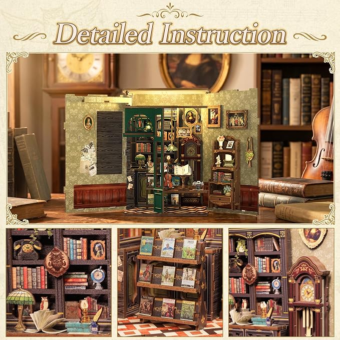 Fsolis Book Nook Kit - DIY Booknook Bookshop（OWL Bookstore） | Miniature House 3D Wooden Puzzles for Beginners, 139 Wood Pieces, Bookshelf Building with Light, Gifts for Book Lovers