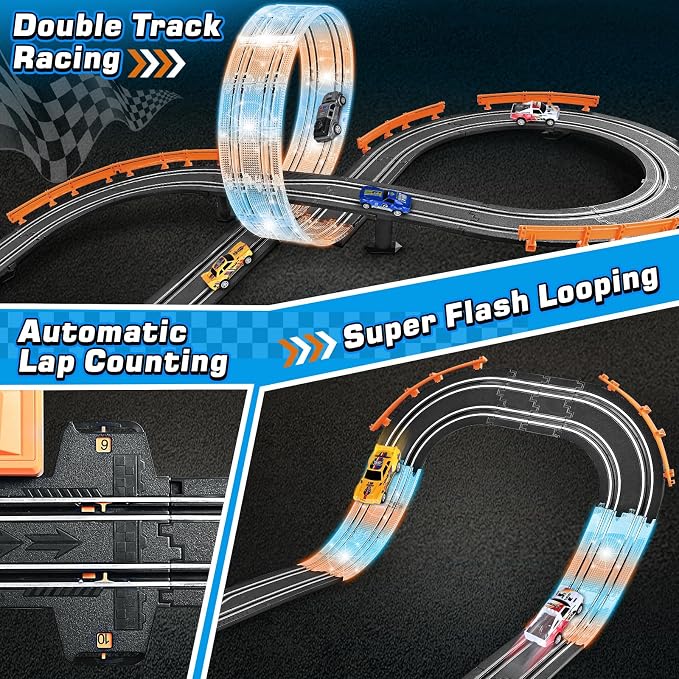 Slot Car Race Track Sets with 4 Slot Cars, Ideal Birthday Xmas Gifts Toys for Kids Boys Ages 6 7 8-12, Battery or Electric Race Car Track Set with Dual Racing Game, Flash Circular Track, Lap Counter