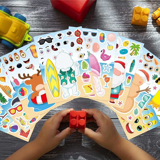 24 PCS Summer Stickers for Kids, July Christmas Make a Face Sticker, Make Your Own Sticker Sheets Chirstmas Santa Claus Hawaiian Tropical Style Stickers for July Party Games Decorations Supplies