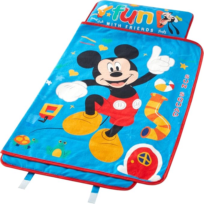 Super Soft Plush Toddler Quilted Nap Mat with Built in Blanket and Pillow