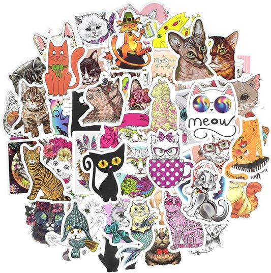 QTL Cat Stickers for Kids Cat Party Supplies Waterproof Vinyl Stickers for Water Bottle Laptop Stuff Gifts 50Pcs