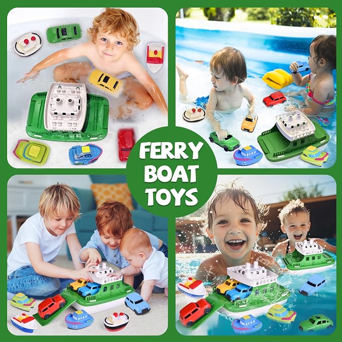 Ferry Boat Bath Toy with Mini Cars, Floating Water Play Set with Boat Squirters for Toddlers 1–3 & Kids Ages 4–8