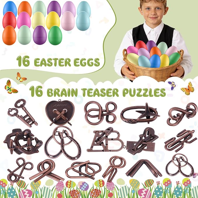 16 Pack Easter Eggs Filled with Brain Teaser Puzzles Toys, Easters Basket Stuffers for Kids Teens Adults, Easters Egg Fillers for Kids Boys Girls, Easter Eggs Hunt Game, Classroom Prize Supplies