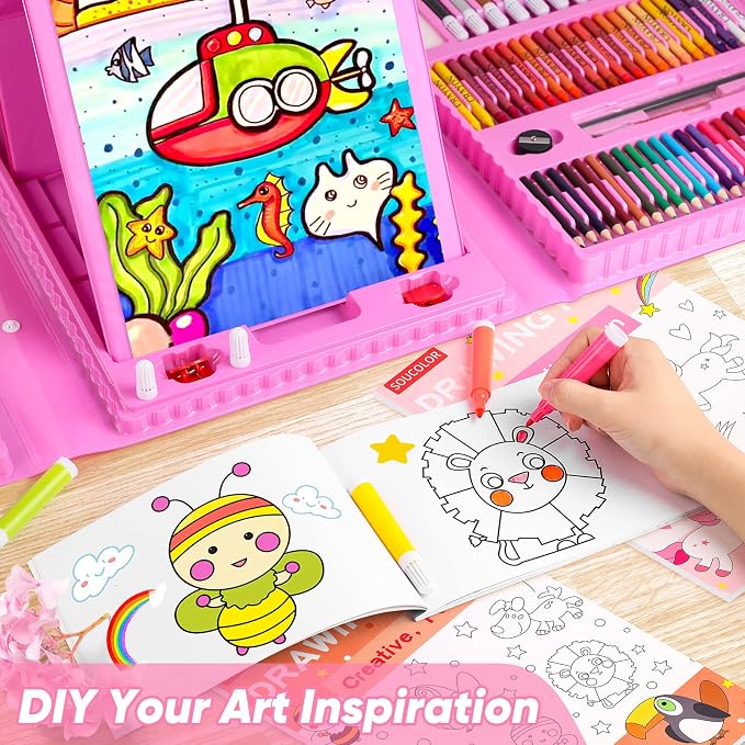 Soucolor Art Supplies, 283 Pieces Drawing Set Art Kits with Trifold Art Easel, 2 Drawing Pads, 1 Coloring Book, Crayons, Pastels, Arts Gifts Case, Coloring Set