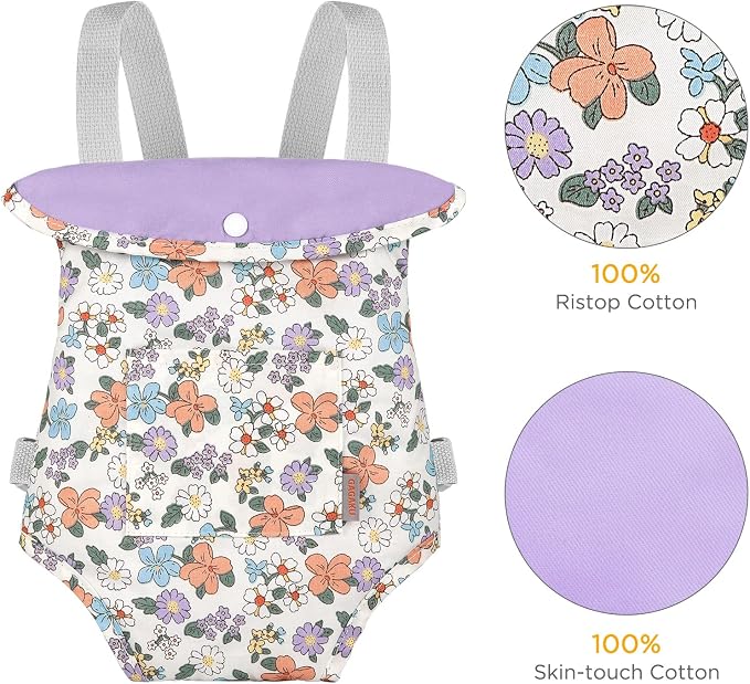 GAGAKU Baby Doll Carrier Stuffed Animal Carrier for Girls Doll Accessory Adjustable Straps for 12 to 24 inch Reborn Baby Dolls -Purple Flowers