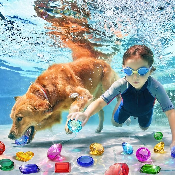DISHIO Diving Toys for Kids, Seek Treasure Underwater Pool Gem Hunt Pool Game with 60PCS Sinking Gems, Pirate Treasure Chest, 35PCS Game Cards, Summer Swimming Pool Toys for Toddlers Kids Age 3-10