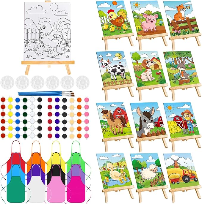Ireer 12 Set Paint Party Set 8 x 10 Sip and Paint Kit Include 12 Printed Pre Drawn Canvas Panel, Wooden Easels, Palettes, Pots, Apron 36 Brushes for Adult Art DIY Party(Farm Animals)