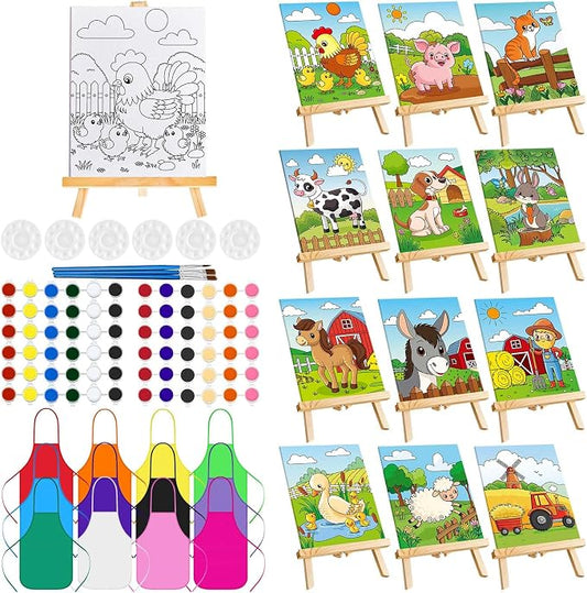 Ireer 12 Set Paint Party Set 8 x 10 Sip and Paint Kit Include 12 Printed Pre Drawn Canvas Panel, Wooden Easels, Palettes, Pots, Apron 36 Brushes for Adult Art DIY Party(Farm Animals)