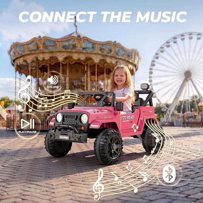 ARBELI 12V Ride On Truck Car with Remote Control, Kids Electric Vehicles with Bluetooth Music, Horn, 3 Speeds, 4 LED Lights, Soft Start, Ride on Toys for Toddler Boys & Girls, Pink