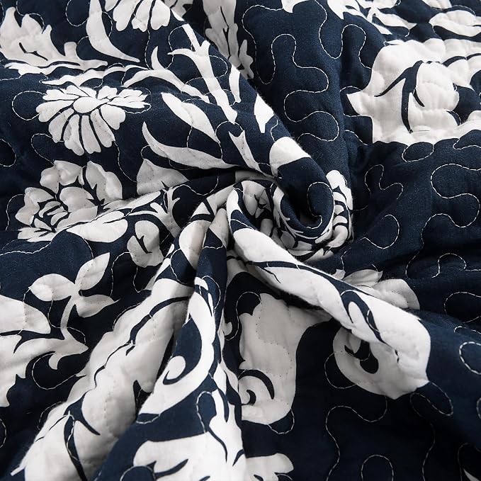 Quilt Queen Size, 100% Cotton Navy Blue Quilt Set Lightweight Quilted Bedspread, Navy Blue White Floral Pattern Farmhouse Reversible Queen Quilt Bedding Set for All Season,3-Piece