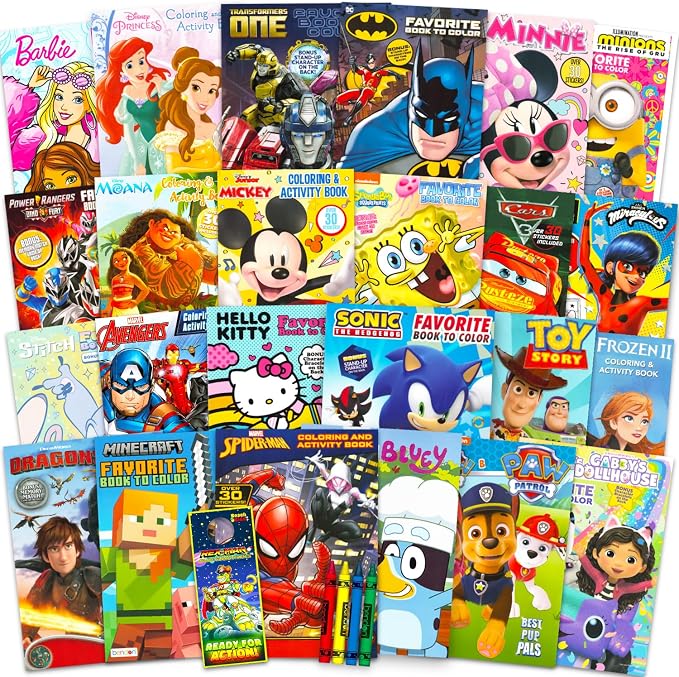 Disney 24 Bulk Coloring Books for Kids Ages 4-8 - Assorted 24 Licensed Coloring Activity Books for Boys, Girls | Bundle with Full-Size Pages, Crayons, Stickers, Games, Puzzles, More (No Duplicates)