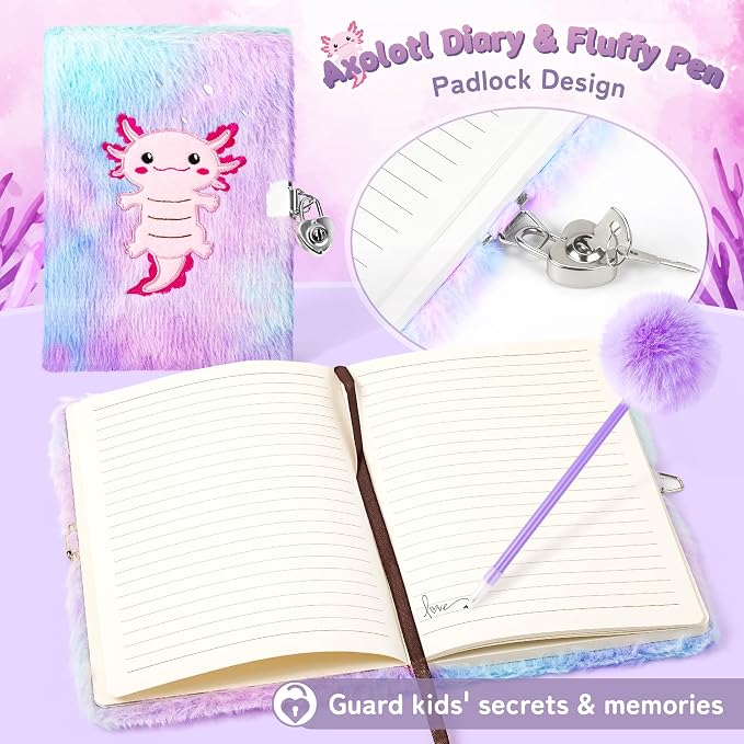 13PCS Axolotl Gifts for Girls 3 4 5 6 7 8 9 10 Years Old with Stationery Plush Diary with Lock/Glowing Blanket/Eye Mask/Crossbody Bag Teen Birthday Christmas Axolotl Gifts for Girls Kids