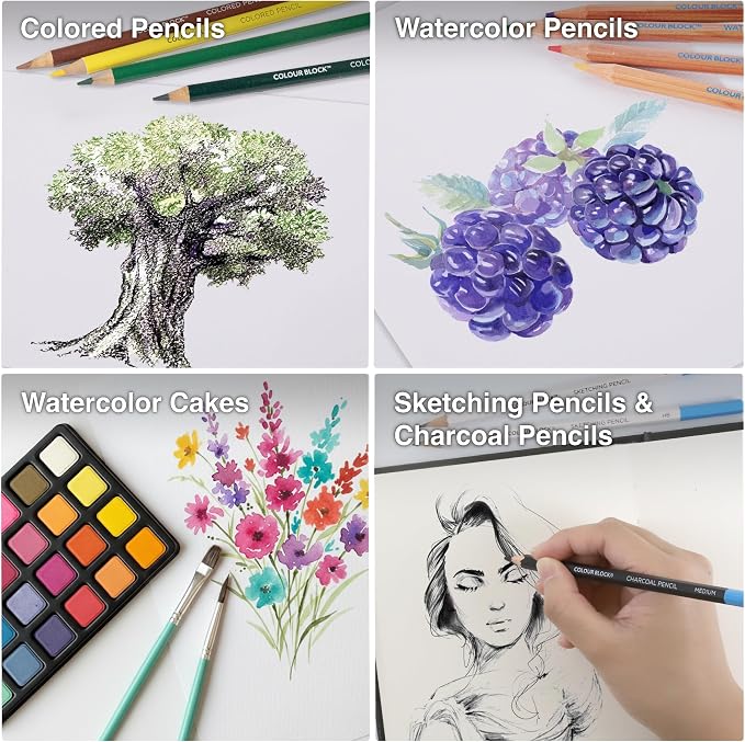 COLOUR BLOCK 181-Piece Mixed Media Art Set in PU Leather Case for Drawing Sketching Painting, Soft Oil Pastels, Acrylic Watercolor Paints, Pencils, Art Supplies Kit for Artists, Professional, Adults, Beginner